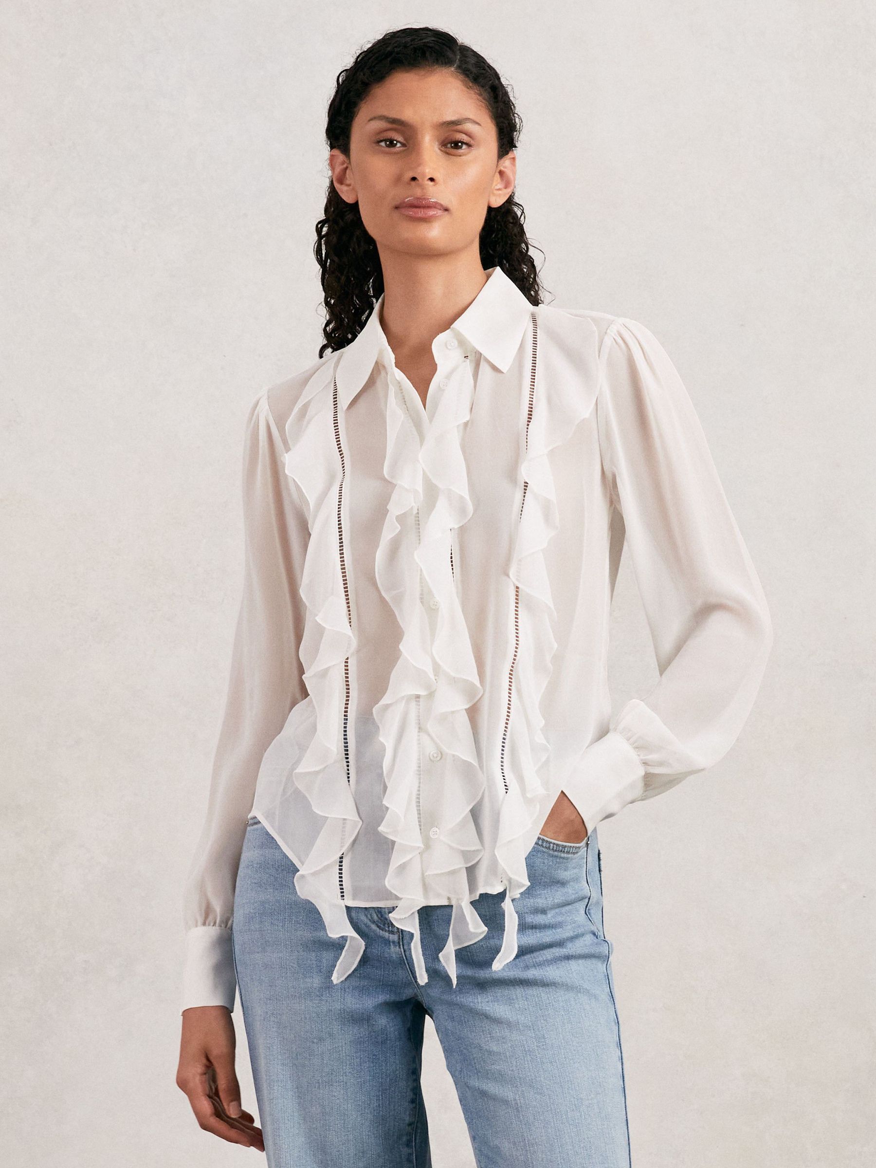 Paige Silk Georgette Ruffle Trim Shirt in White (F70007) | £365