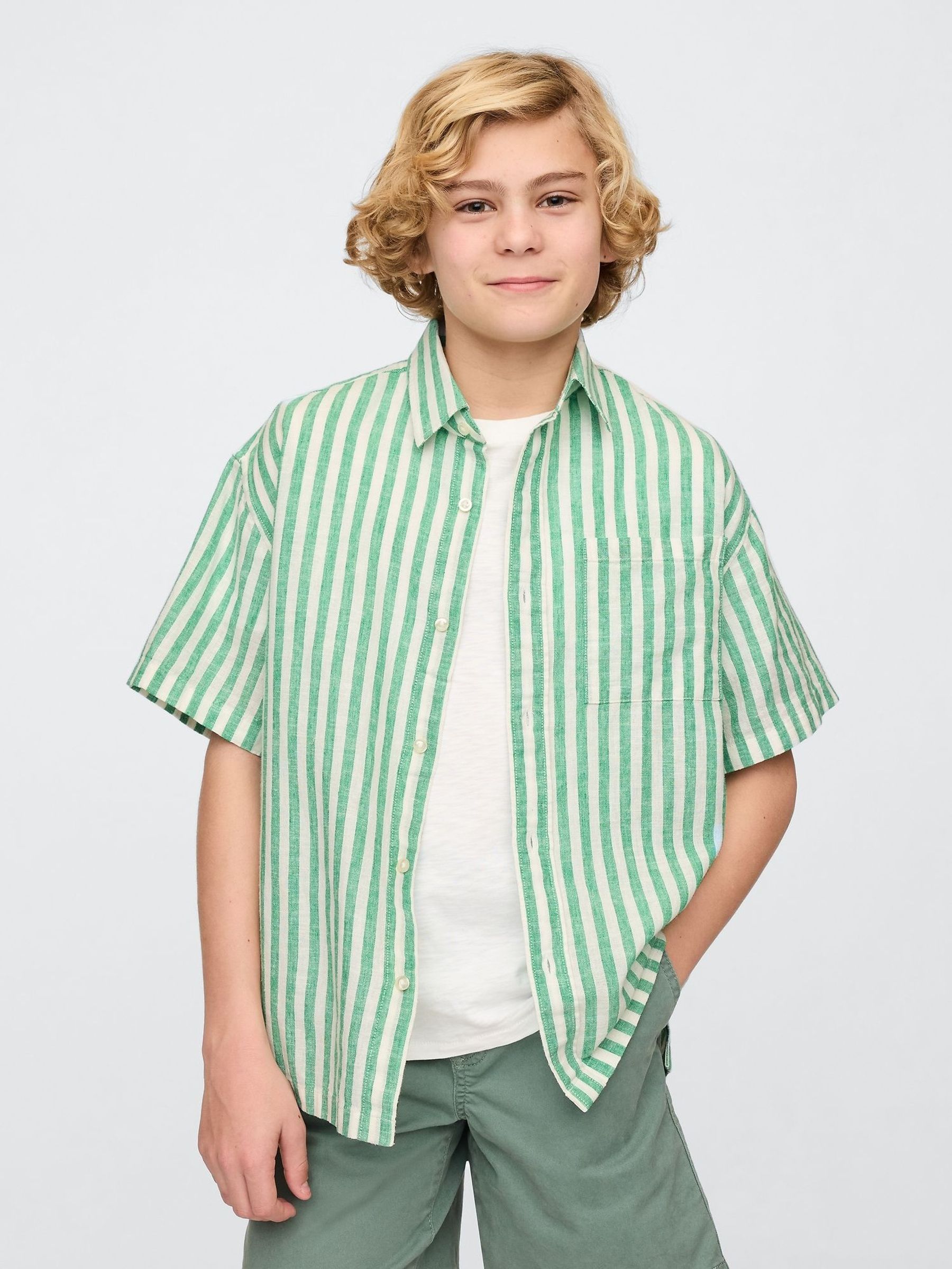 Green & White Stripe Linen-Cotton Relaxed Shirt (4-13yrs) (F70167) | £25