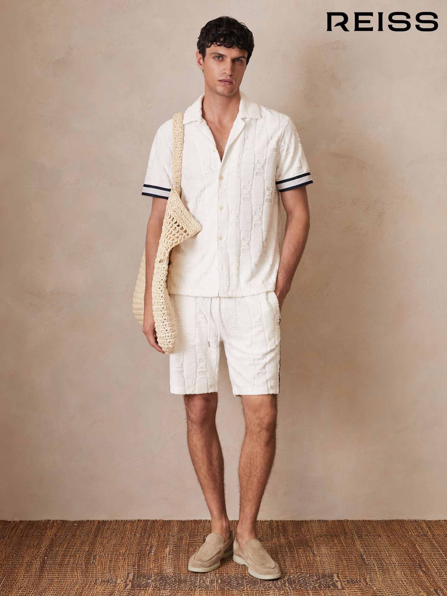 Reiss | Ché Towelling Monogram Shorts in White (F70338) | £58