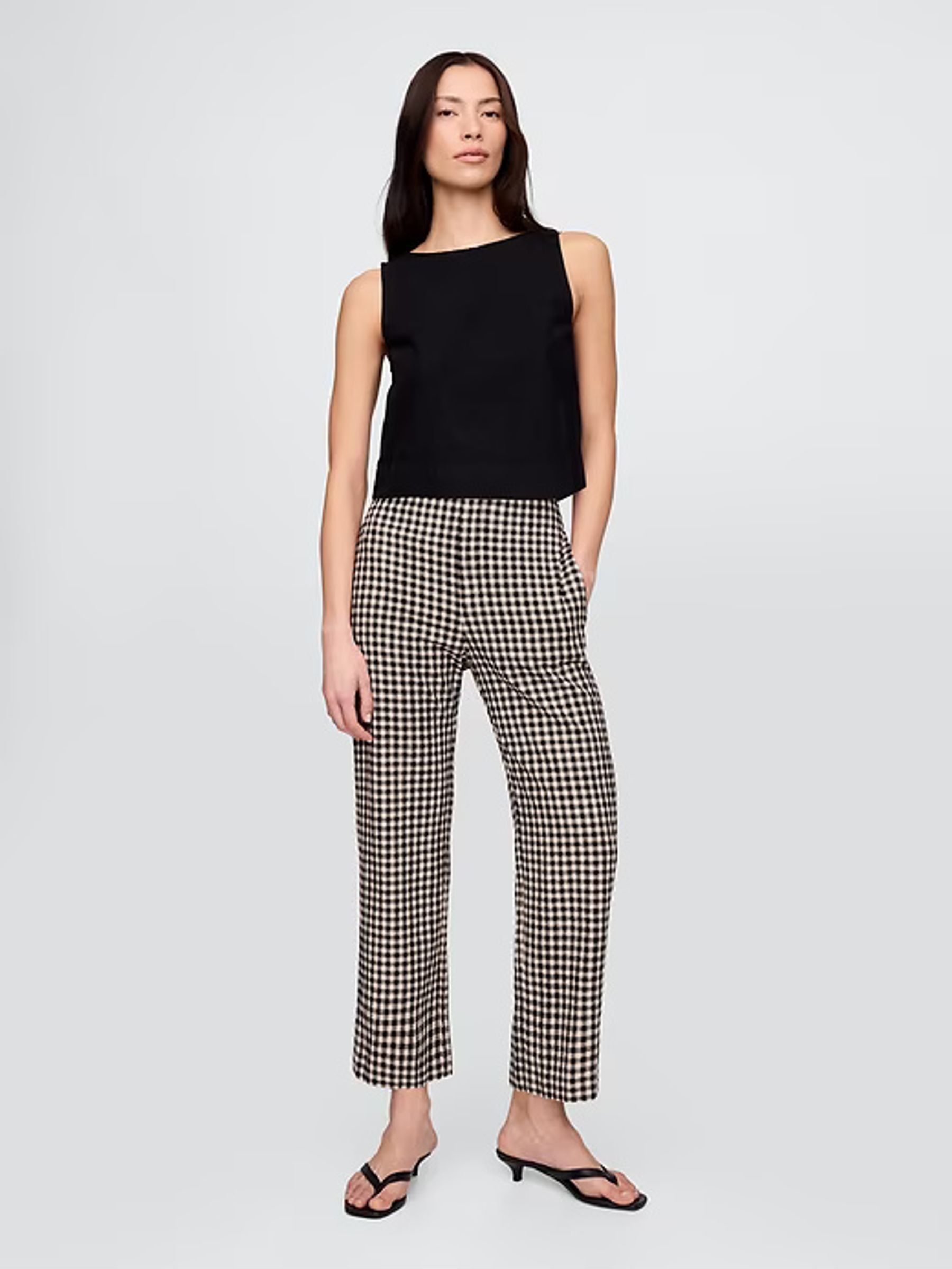 Black & Off White Gingham Straight Leg Heavyweight Linen-Blend Trousers (F71739) | £60