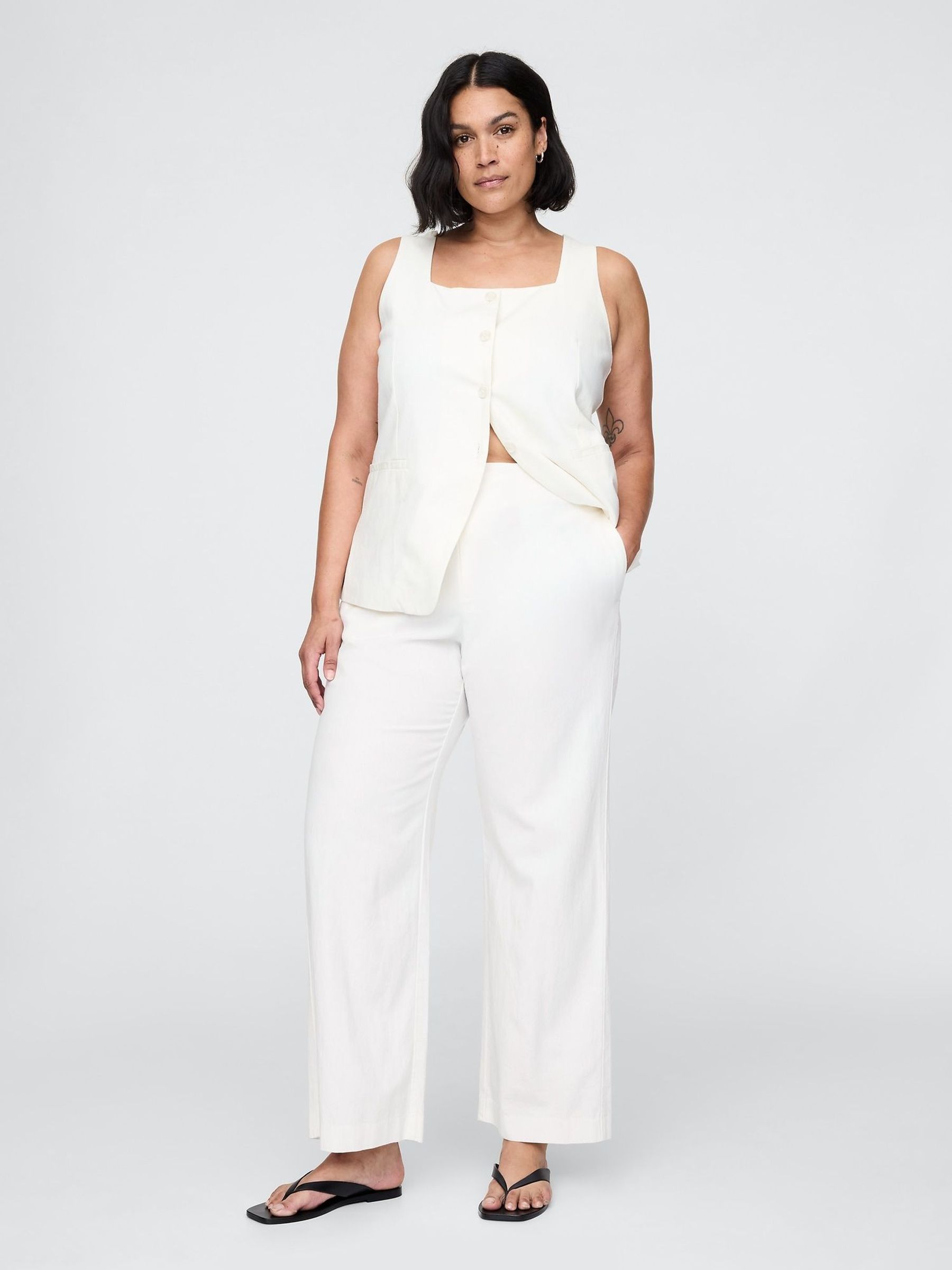 White Straight Leg Heavyweight Linen-Blend Trousers (F71740) | £60