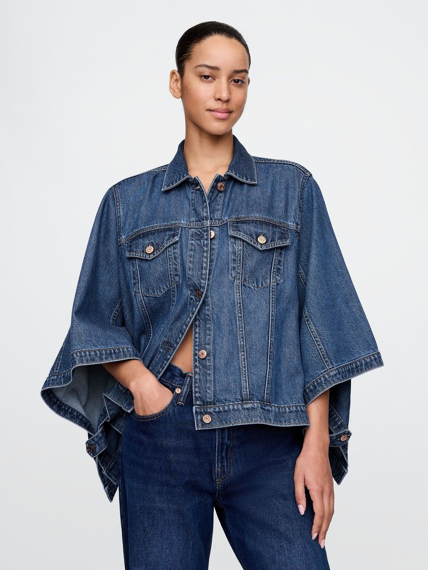 Dark Indigo Blue UltraSoft Denim Cape Jacket (F71744) | £75
