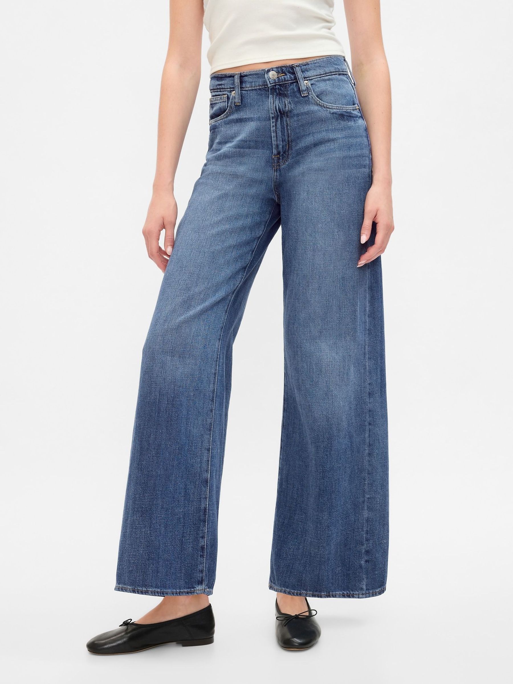 Dark Blue Cotton High Waisted Wide Leg Jeans (F71748) | £45
