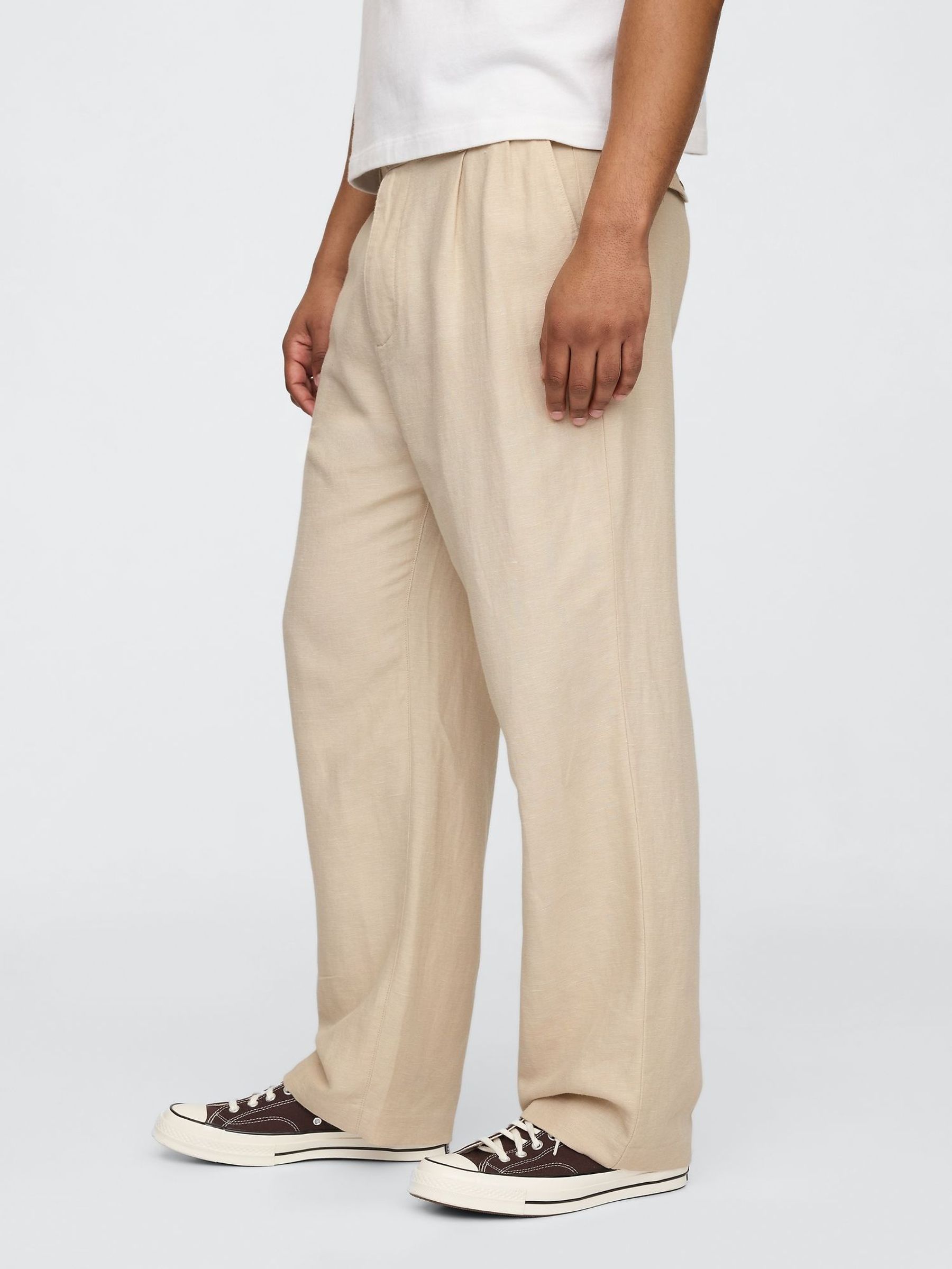 Beige Linen-Cotton 90s Loose Pleated Trousers (F71855) | £65