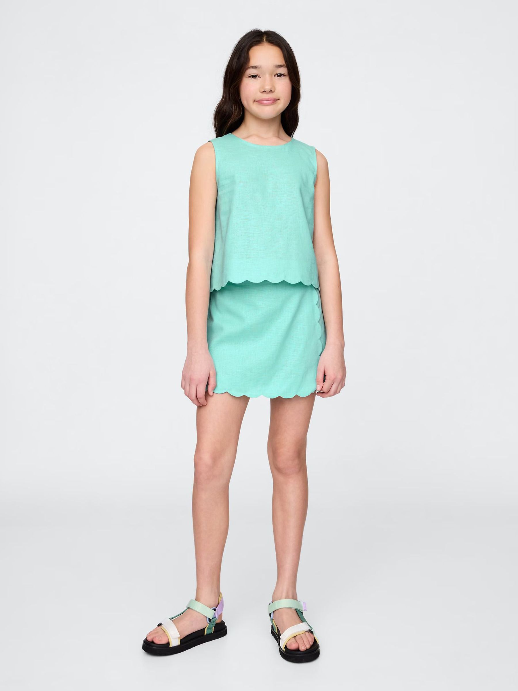 Green Linen-Cotton Scalloped Wrap Skort (4-13yrs) (F72087) | £35