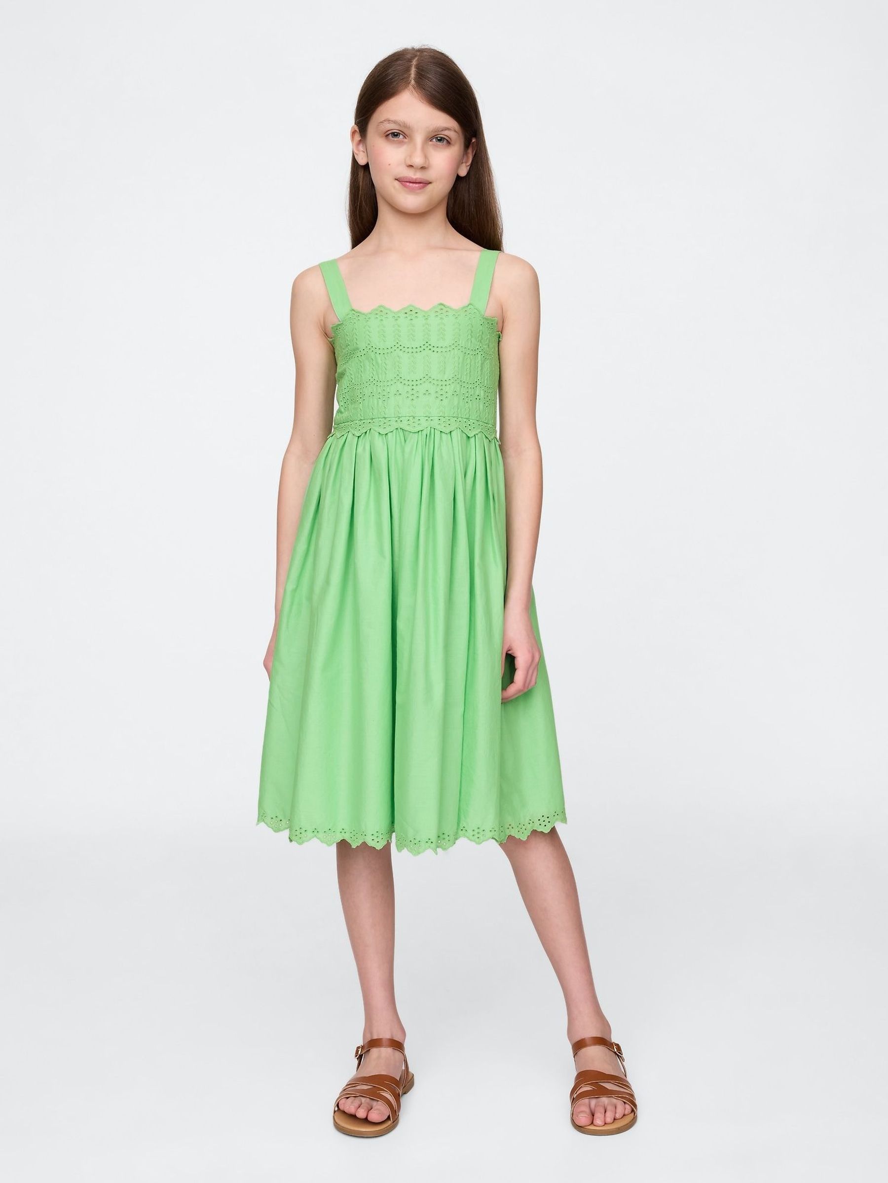 Green Cotton Embroidered Midi Dress (4-13yrs) (F72090) | £35