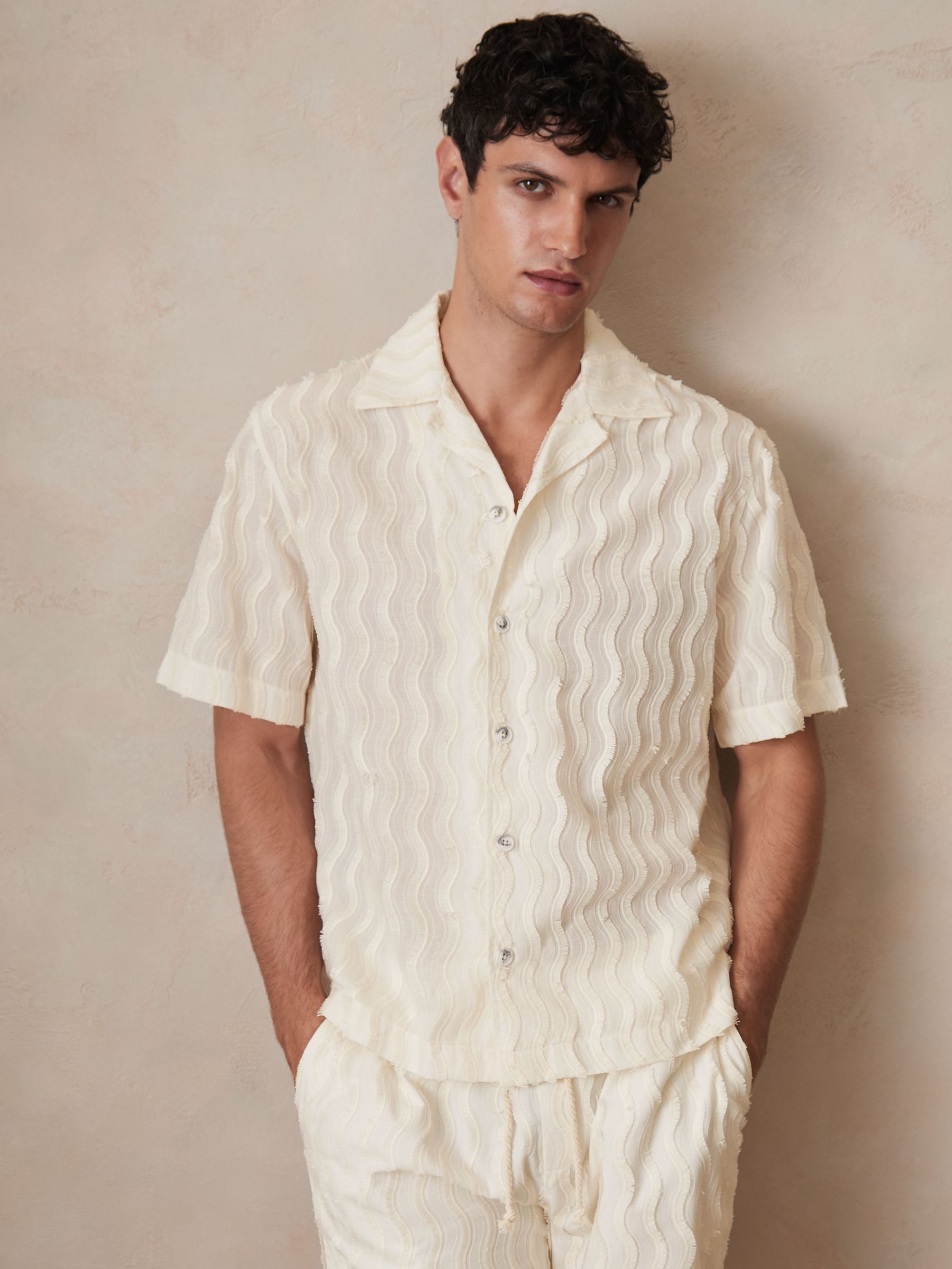 Reiss | Ché Fringed-Wave Shirt in Off White (F72441) | £138