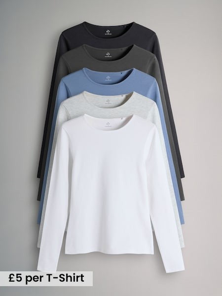 Navy Blue/Light Blue/Charcoal Grey/Grey Marl/White - 5 Pack Long Sleeve Crew Neck T-Shirts (F73241) | £25
