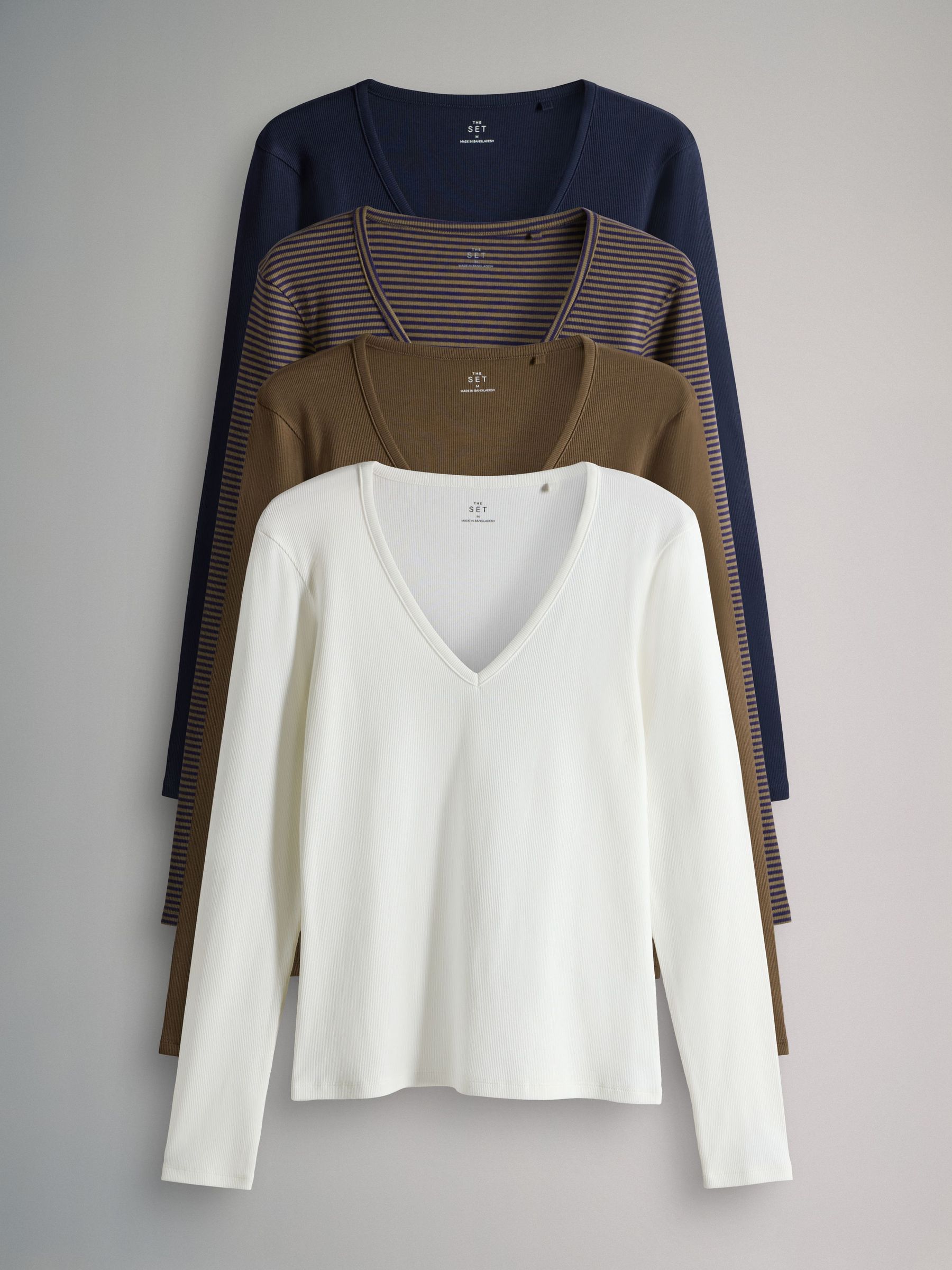 Navy/Brown/Stripe/Cream - 4 Pack V-Neck Ribbed Long Sleeve T-Shirts (F73242) | £26