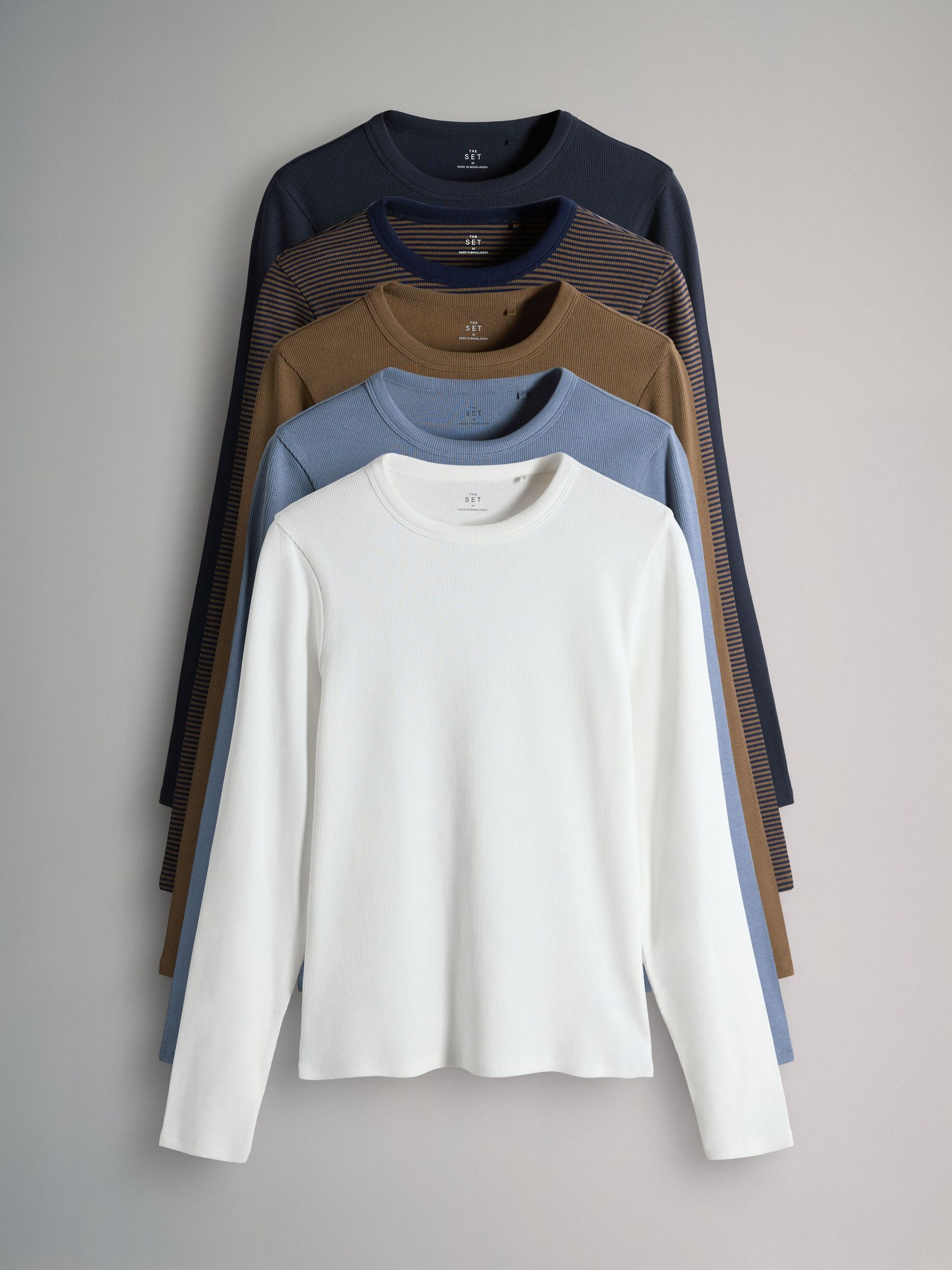 Cream/Navy/Light Blue/Brown/Stripe - 5 Pack Ribbed Long Sleeve T-Shirts (F73245) | £27.50