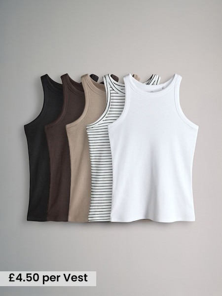 Black/Chocolate Brown/Taupe Brown/Stipe/White - 5 Pack Racer Ribbed Vests (F73249) | £22.50