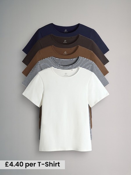 Navy/Chocolate Brown/Brown/Stripe/White - 5 Pack Short Sleeve Fitted Crew Neck T-Shirts (F73252) | £22