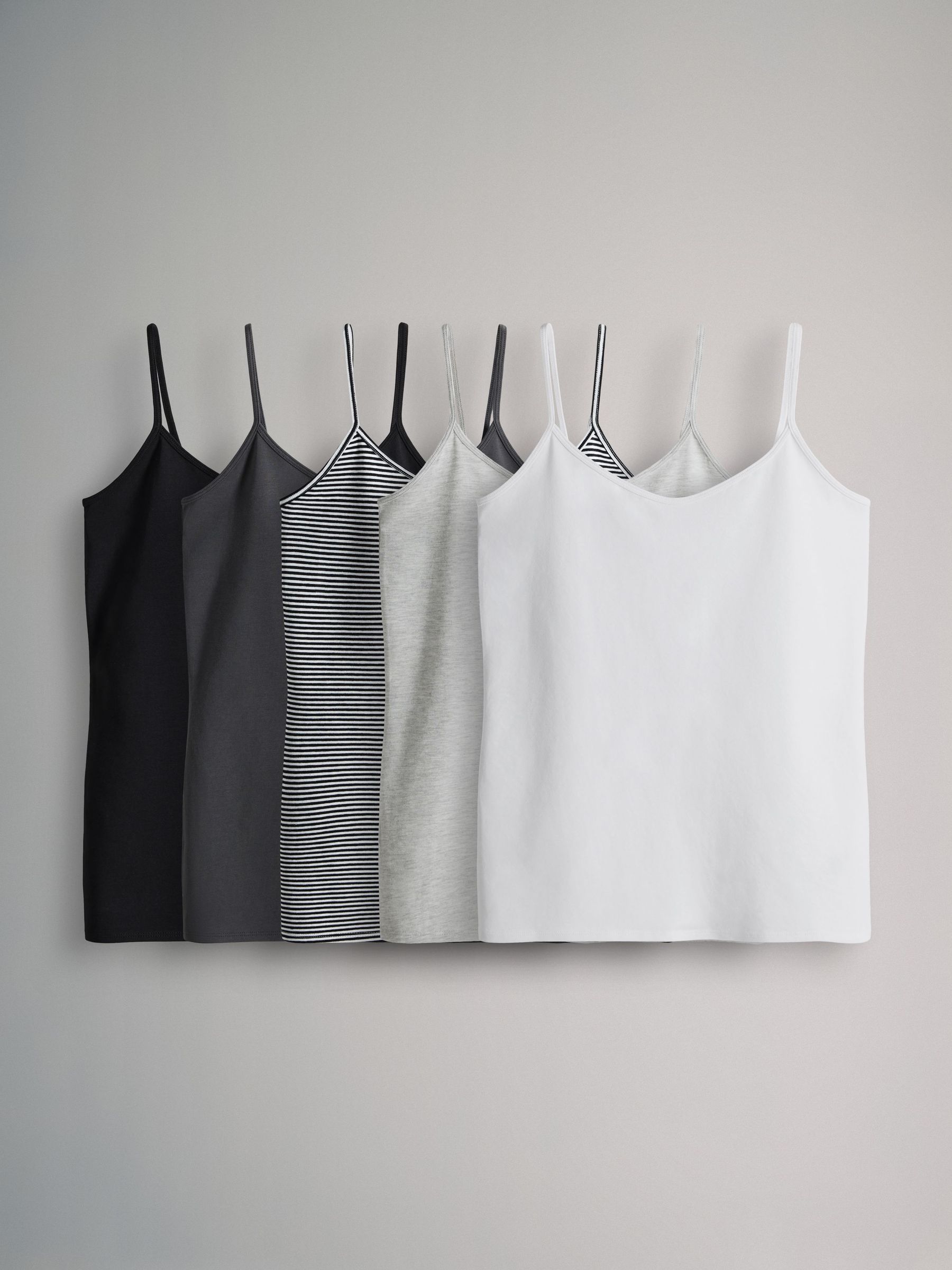 Black/Grey/Stripe/Light Grey Marl/White - 5 Pack Thin Strap Vest Tops (F73255) | £19