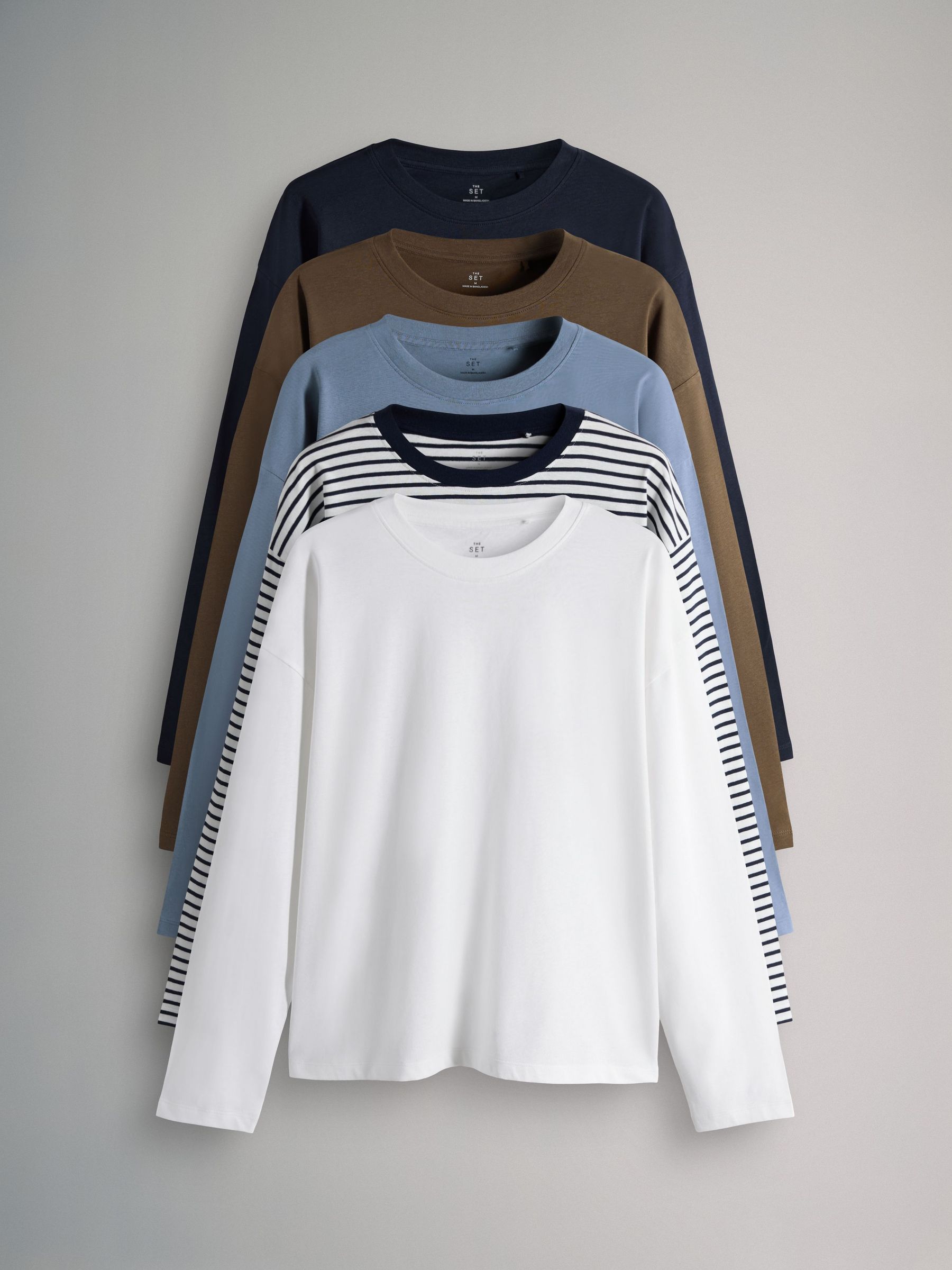 Navy/White/Brown/Light Blue/Stripe - 5 Pack Relaxed Long Sleeved T-Shirts (F73256) | £27.50