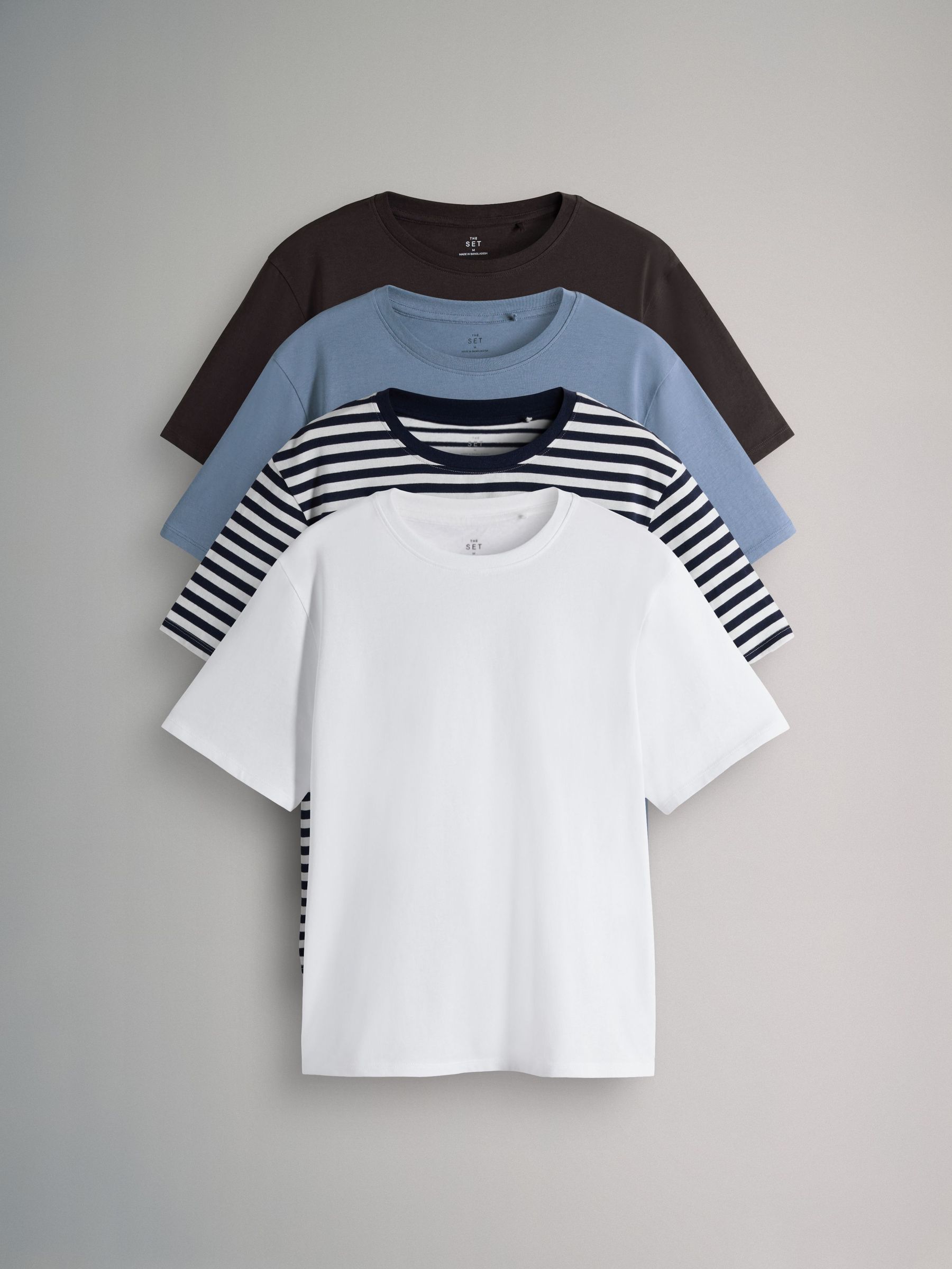 Chocolate Brown/Stripe/Light Blue/White - 4 Pack Short Sleeved Relaxed T-Shirts (F73257) | £20