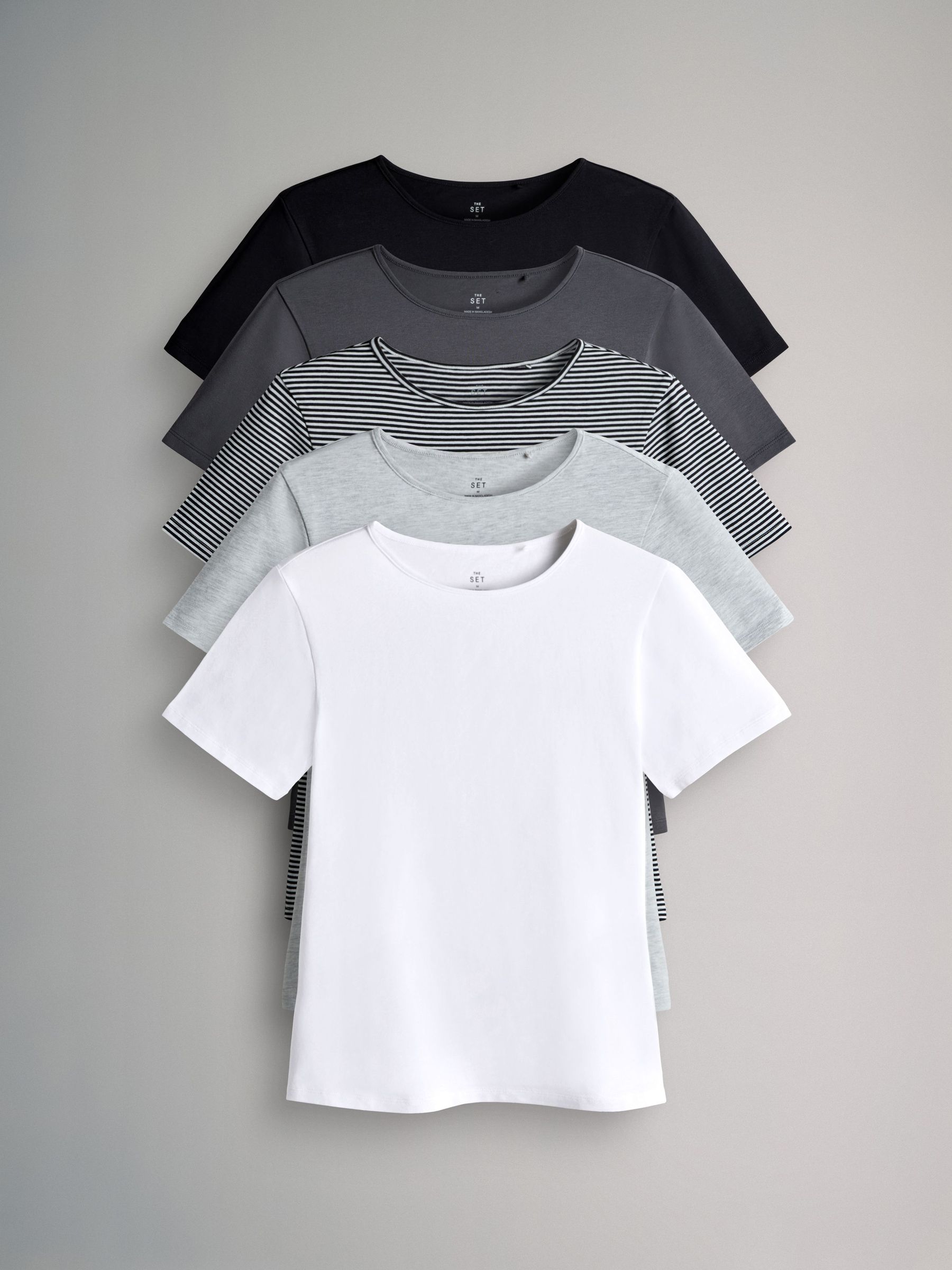 White/Black/Charcoal/Grey Marl/Stripe - 5 Pack Short Sleeve Fitted Crew Neck T-Shirts (F73258) | £22