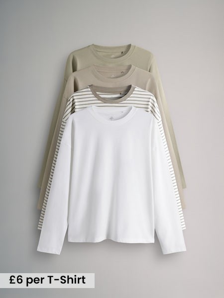 Khaki Green/Taupe Brown/Stripe/Cream - 4 Pack Relaxed Long Sleeve T-Shirts (F73260) | £24