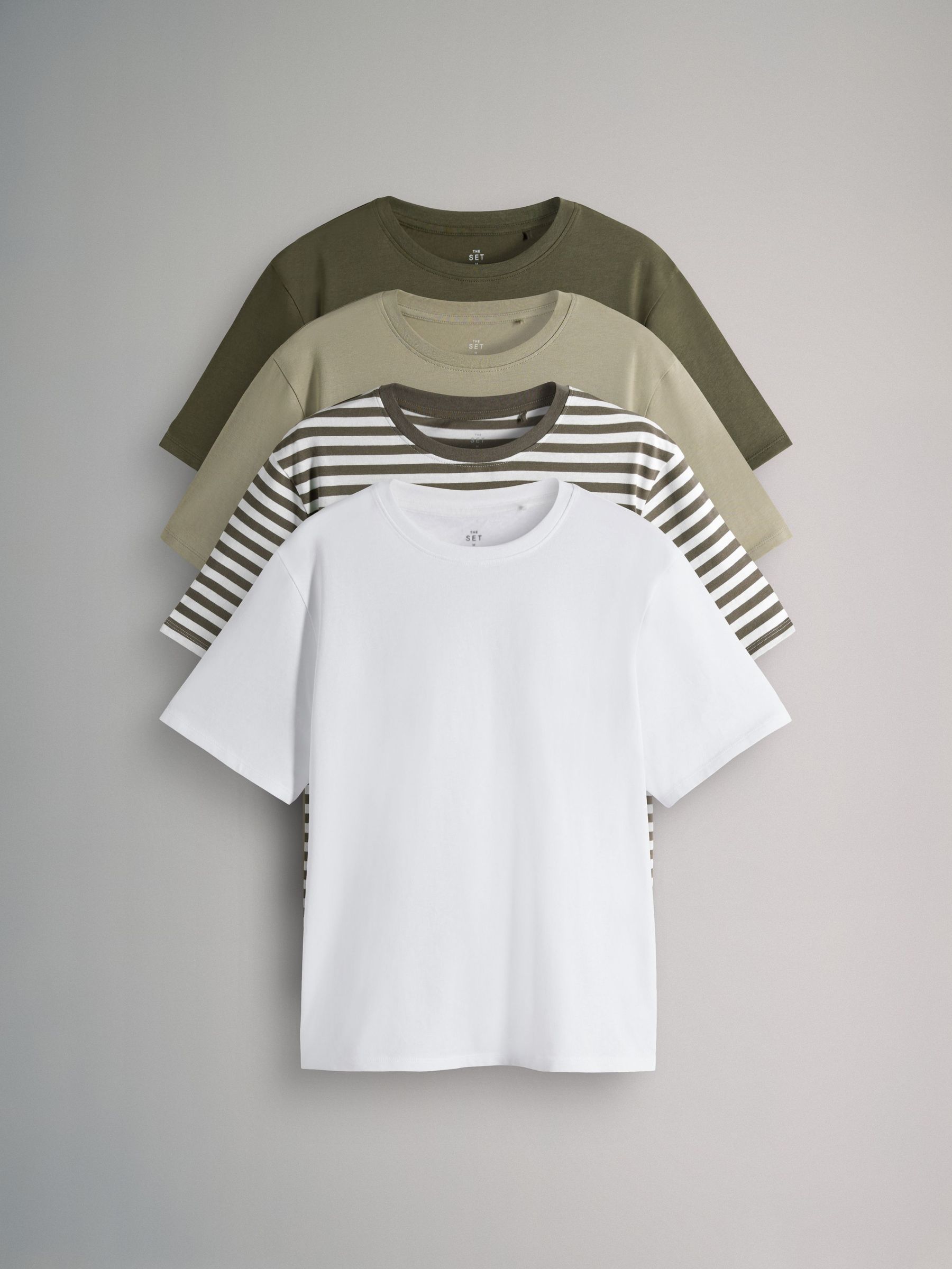 White/Stripe/Khaki/Light Khaki - 4 Pack Short Sleeved Relaxed T-Shirts (F73263) | £20