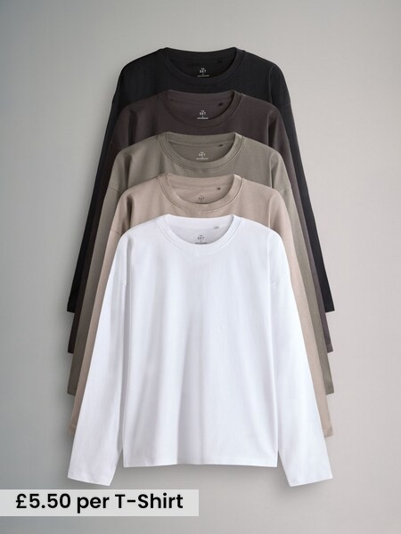 Black/Chocolate Brown/Taupe Brown/Neutral/White - 5 Pack Relaxed Long Sleeved T-Shirts (F73265) | £27.50