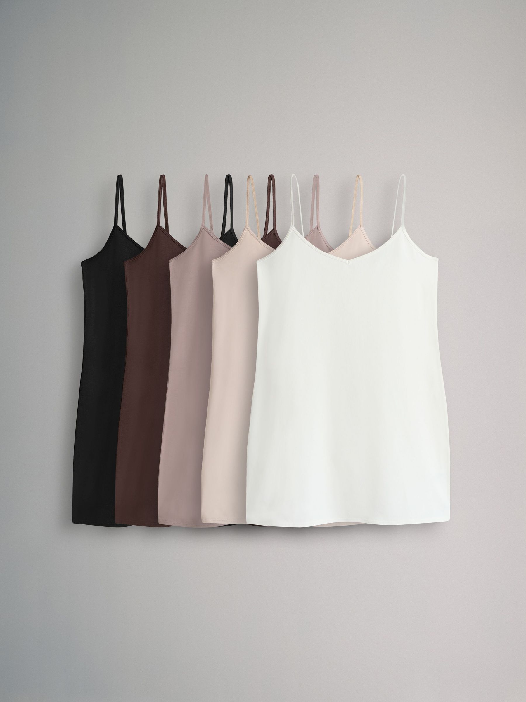 Black/Chocolate Brown/Taupe Brown/Nude/White - 5 Pack Longline Thin Strap Vest Tops (F73269) | £20