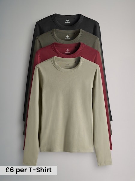 Black/Berry/Khaki/Neutral - 4 Pack Long Sleeve Ribbed T-Shirts (F73274) | £24