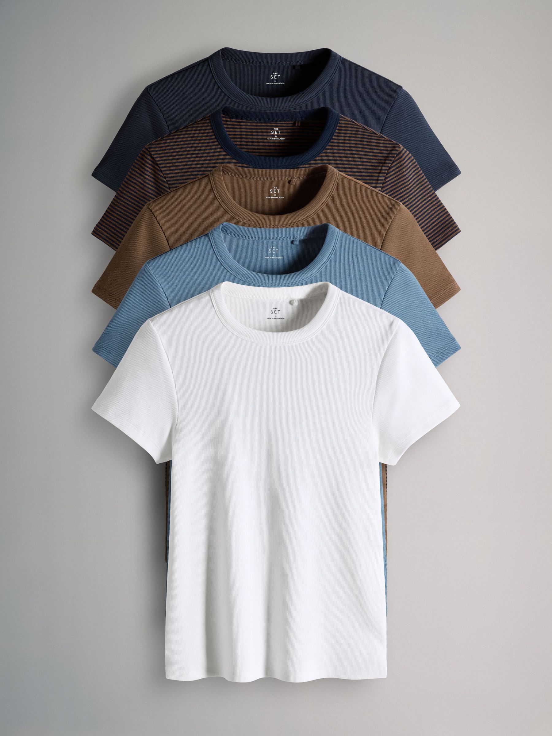 Cream/Navy/Light Blue/Brown/Stripe - 5 Pack Short Sleeve Ribbed T-Shirts (F73276) | £22.50