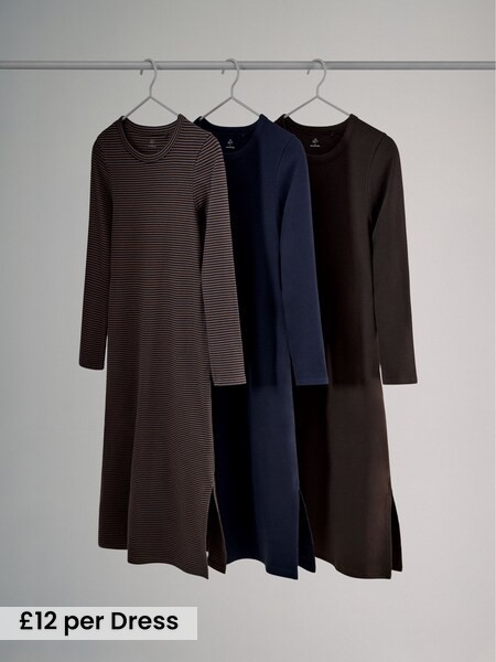 Blue/Brown/Stripe - 3 Pack Ribbed Long Sleeve Midi Dress (F73350) | £36