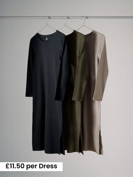 Black/Khaki/Neutral - 3 Pack Ribbed Long Sleeve Midi Dress (F73351) | £34.50