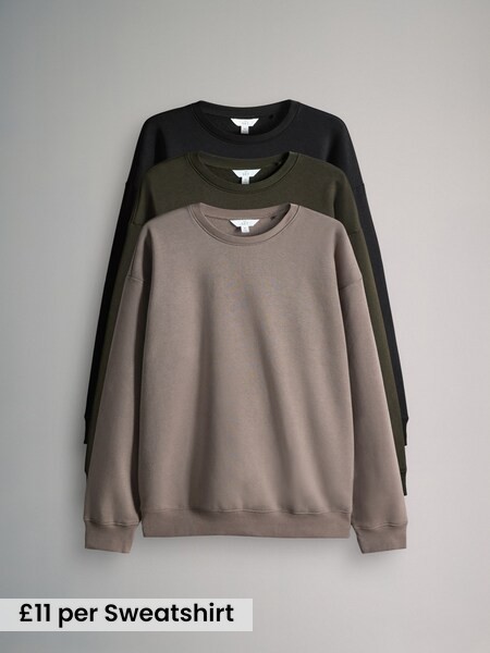 Black/Light Brown/Khaki GReen - 3 Pack Relaxed Crew Neck Sweatshirts (F73424) | £33