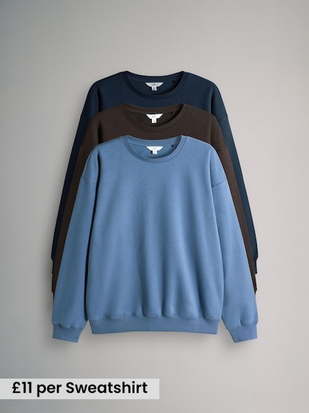 Navy/Chocolate Brown/Light Blue - 3 Pack Relaxed Crew Neck Sweatshirts (F73426) | £33