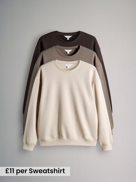 Chocolate Brown/Taupe Brown/Cream - 3 Pack Relaxed Crew Neck Sweatshirts (F73427) | £33