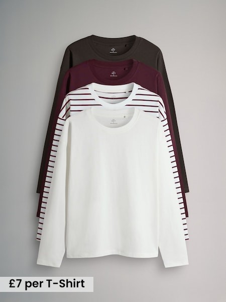 Chocolate Brown/Berry/Stripe/Cream - 4 Pack Heavyweight Relaxed Long Sleeve T-Shirts (F73439) | £28