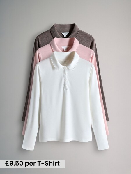 Brown/Pink/Cream - 3 Pack Long Sleeve 100% Cotton Slub Polo T-Shirts (F76836) | £28.50