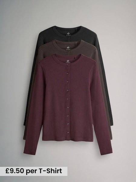 3 Pack Long Sleeve Button Through Rib T-Shirts (F76838) | £28.50