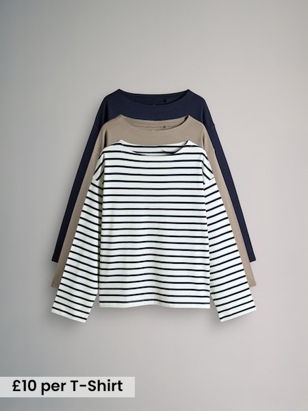 Navy/Stripe/Neutral - 3 Pack Boat Neck Heavyweight T-Shirts (F76840) | £30