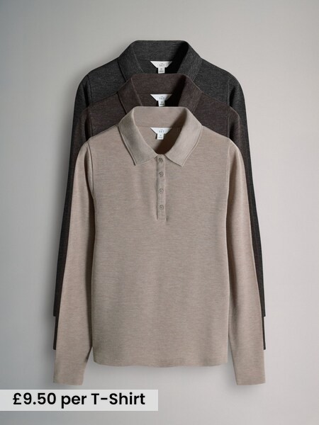 Black/Brown/Taupe - 3 Pack Long Sleeve 100% Cotton Slub Polo T-Shirts (F76841) | £28.50