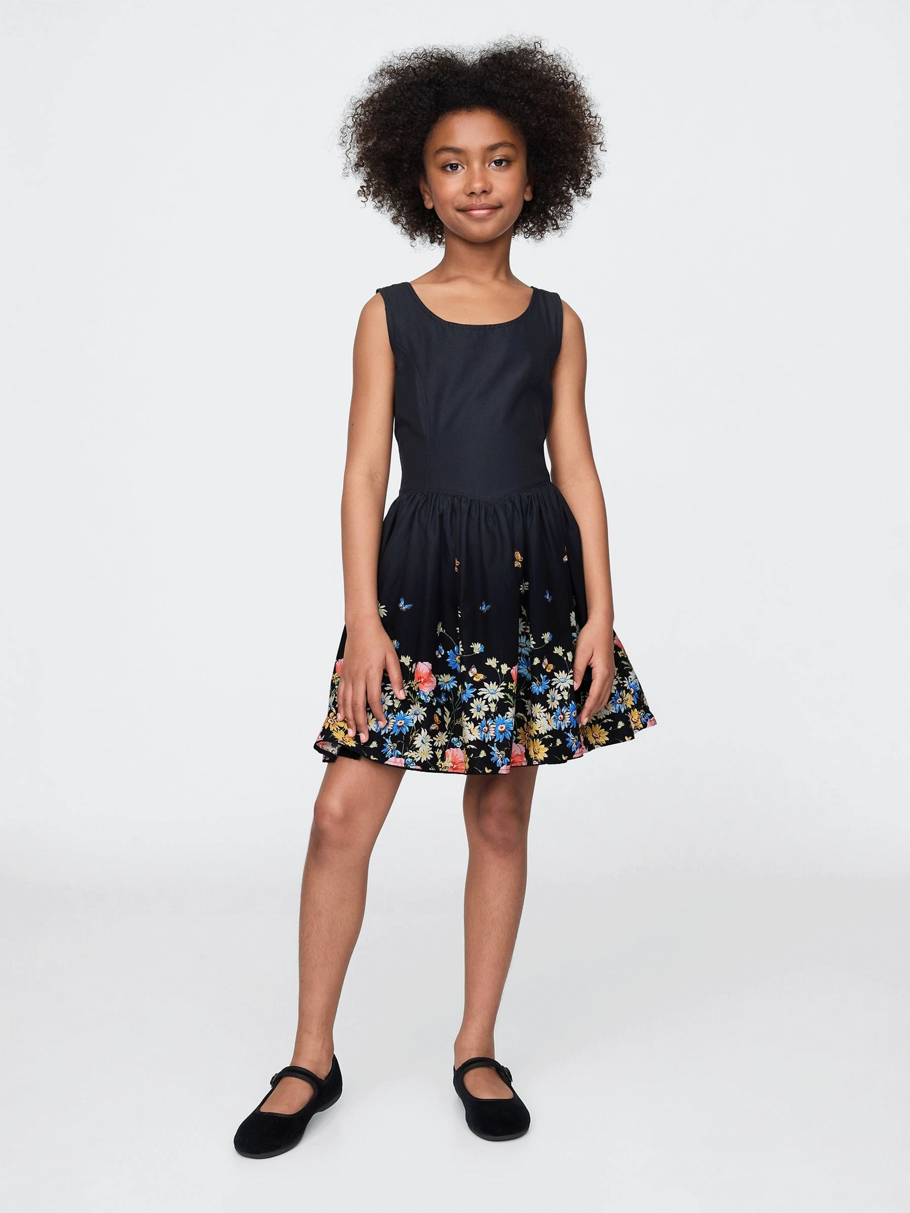 Black Linen-Cotton Floral Dress (4-13yrs). (F77164) | £35
