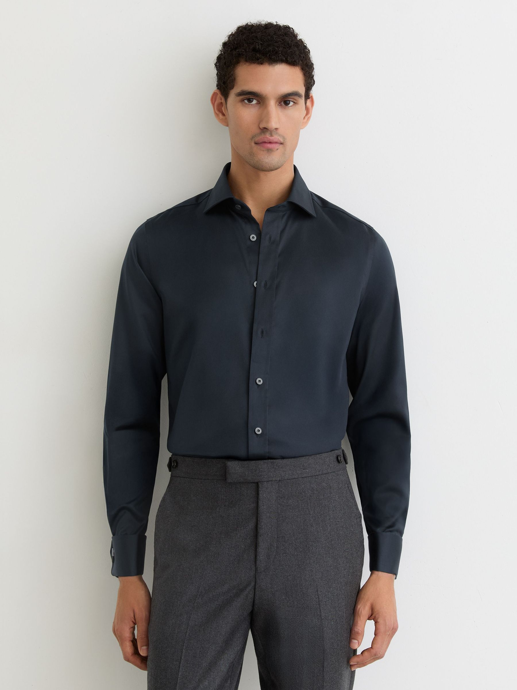 Regular Fit Stretch Double-Cuff Shirt Cotton-Blend in Navy (F77508) | £98