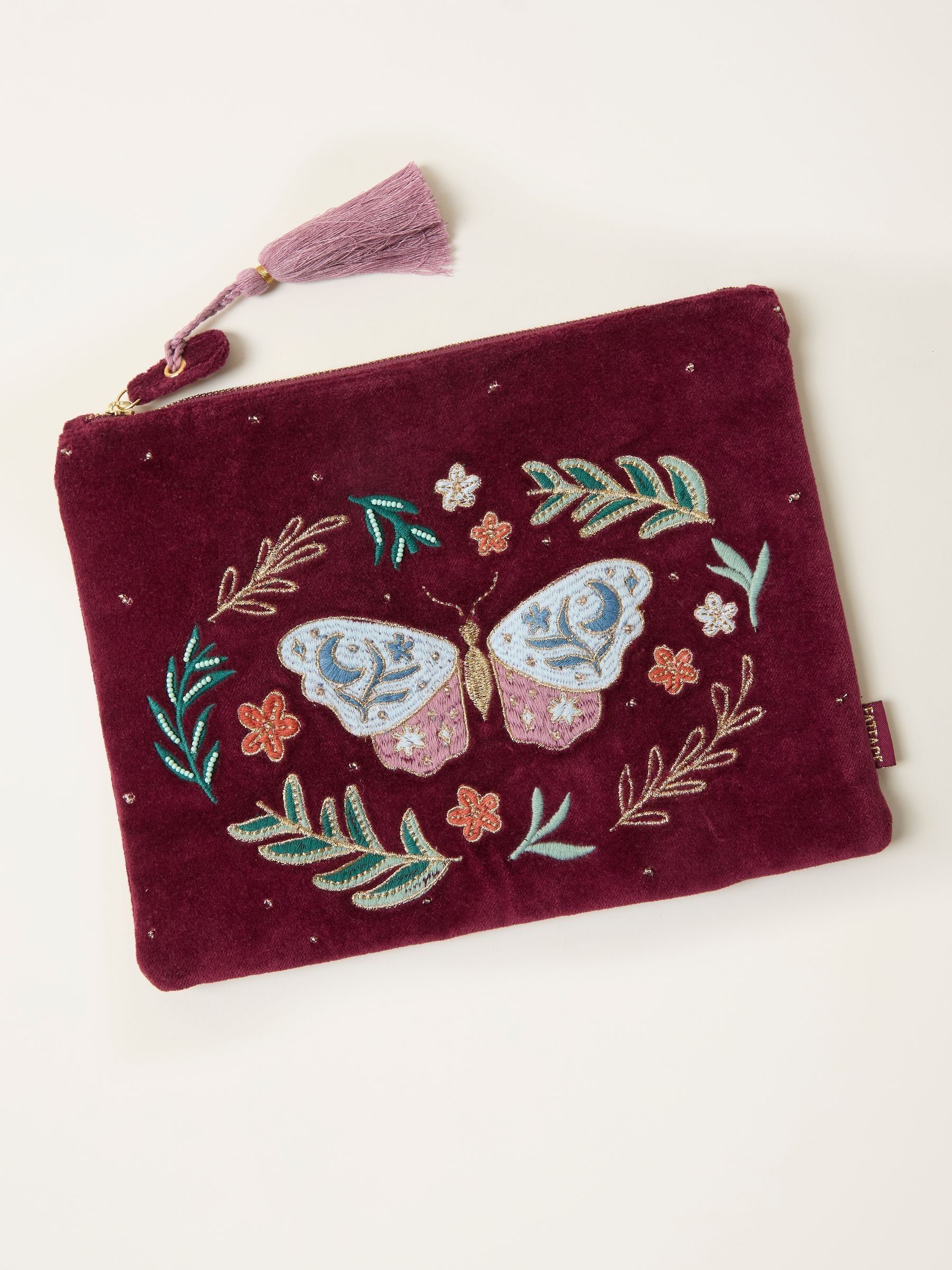 Burgundy Red Moth Embroidered Velvet Pouch (F77529) | £25