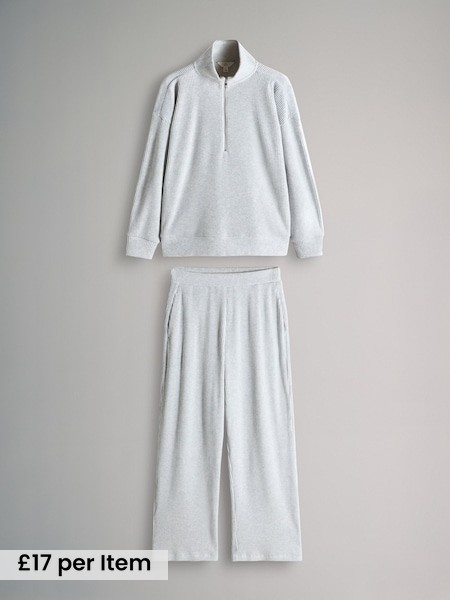 Grey - Soft Touch Rib Funnel Neck Sweatshirt/Wide Leg Joggers Coord (F77547) | £34