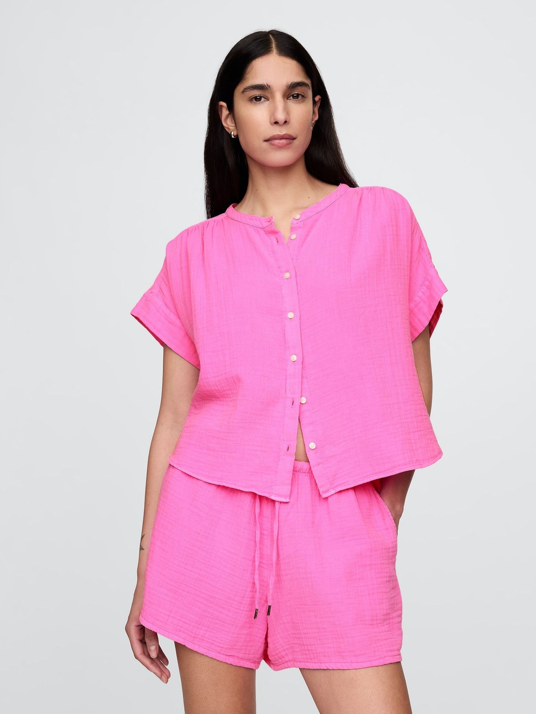 Pink 100% Cotton Crinkle Gauze Dolman Short Sleeve Shirt (F77617) | £35