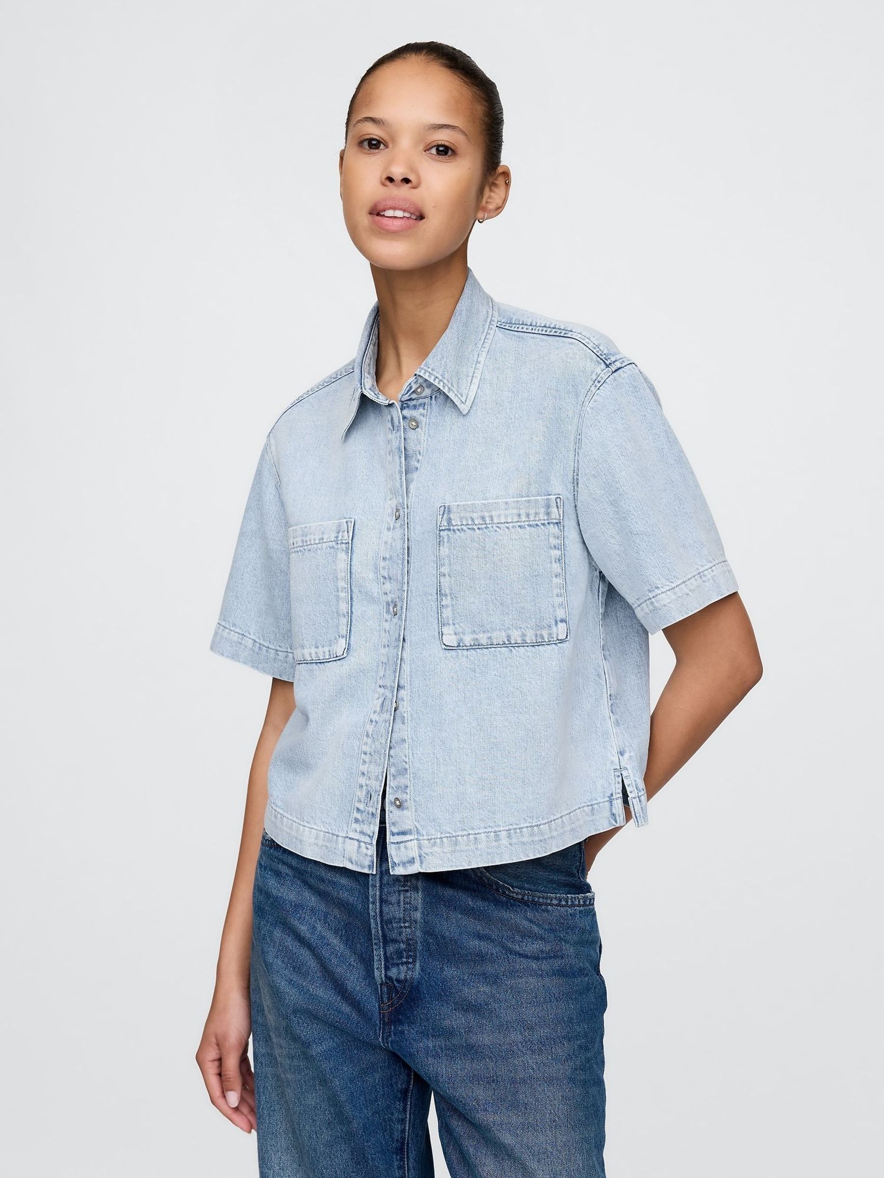 Light Blue UltraSoft Cropped Denim Shirt (F77622) | £40