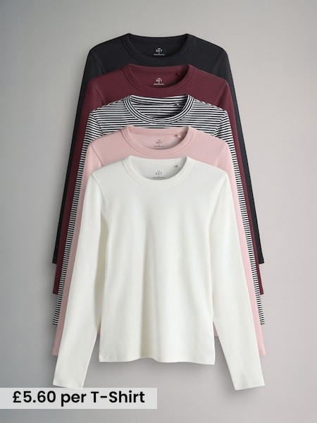 Black/Berry/Pink/Stripe/Cream - 5 Pack Ribbed Long Sleeve T-Shirts (F77637) | £28