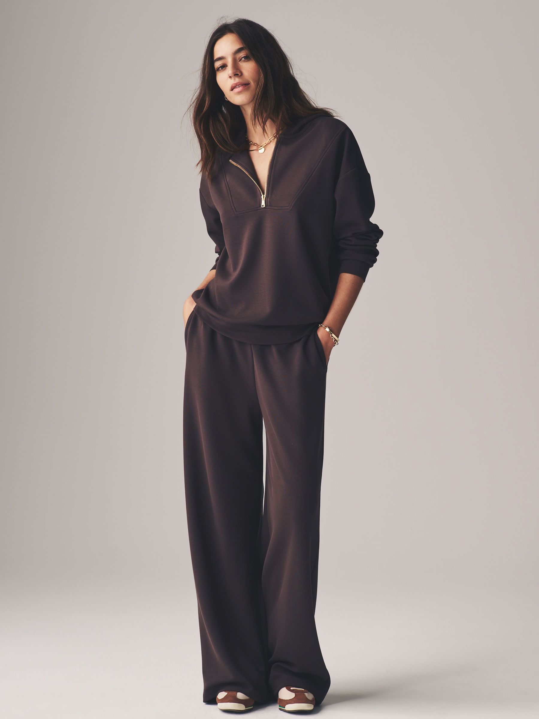 Chocolate Brown - Oversized Modal Zip Through Sweatshirt & Joggers Set (F78241) | £42