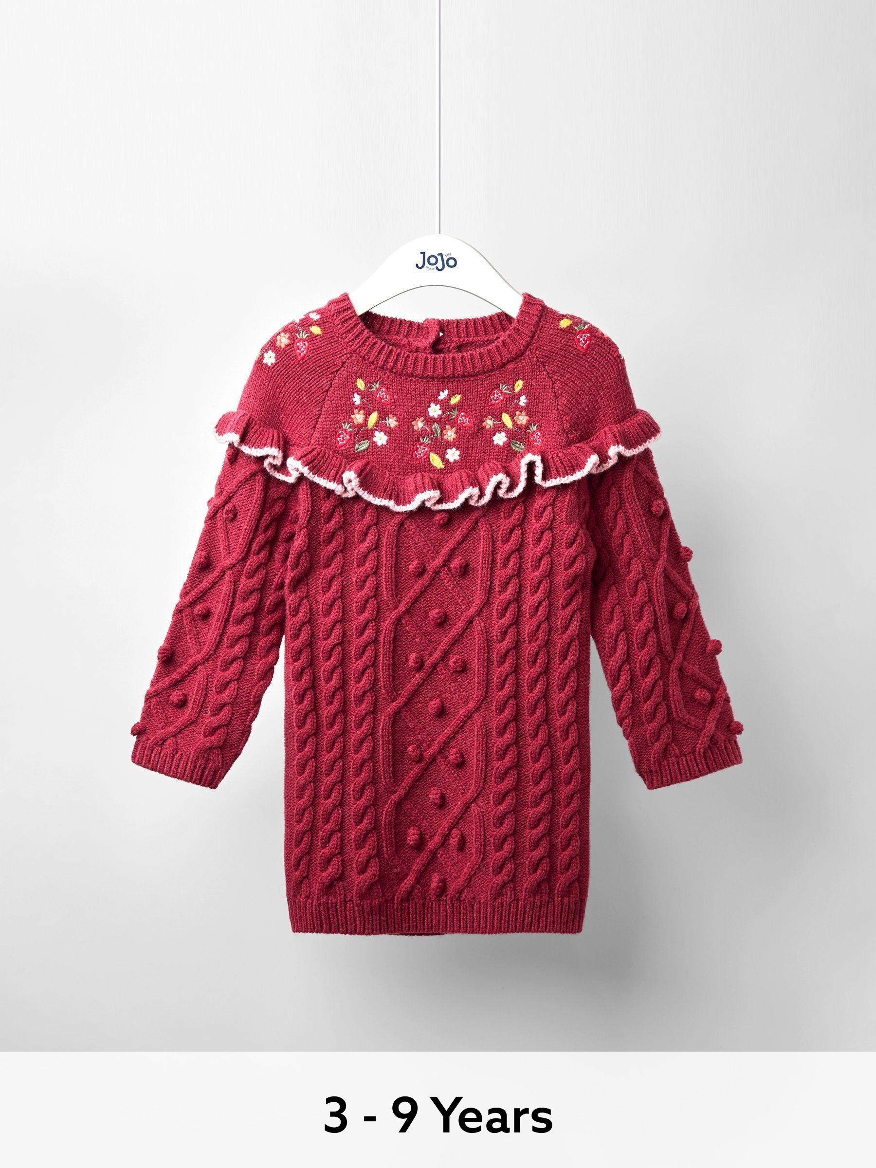 Red Embroidered Cable Frill Knitted Dress (F78607) | £34