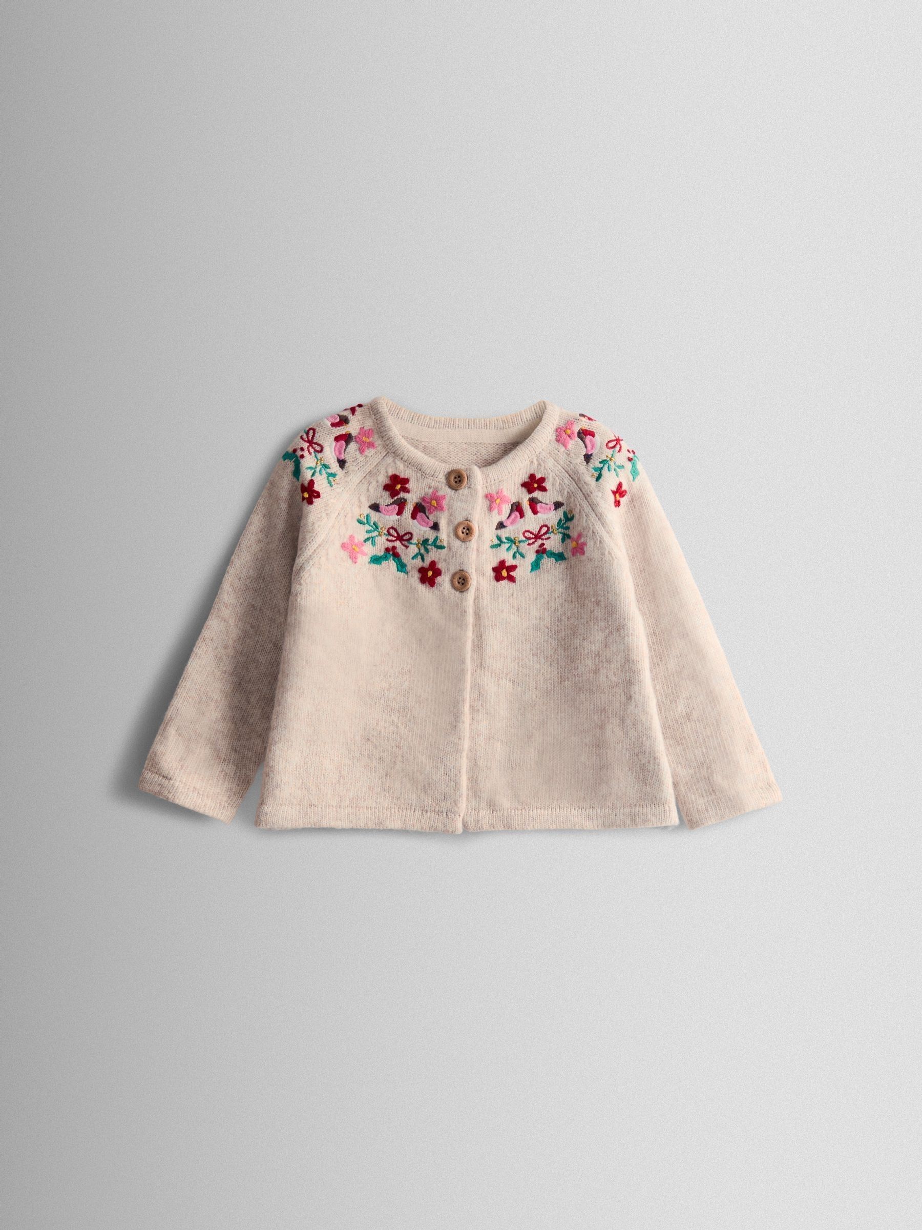 Beige Marle Christmas Robin Embroidered Cardigan (F78895) | £30 - £36