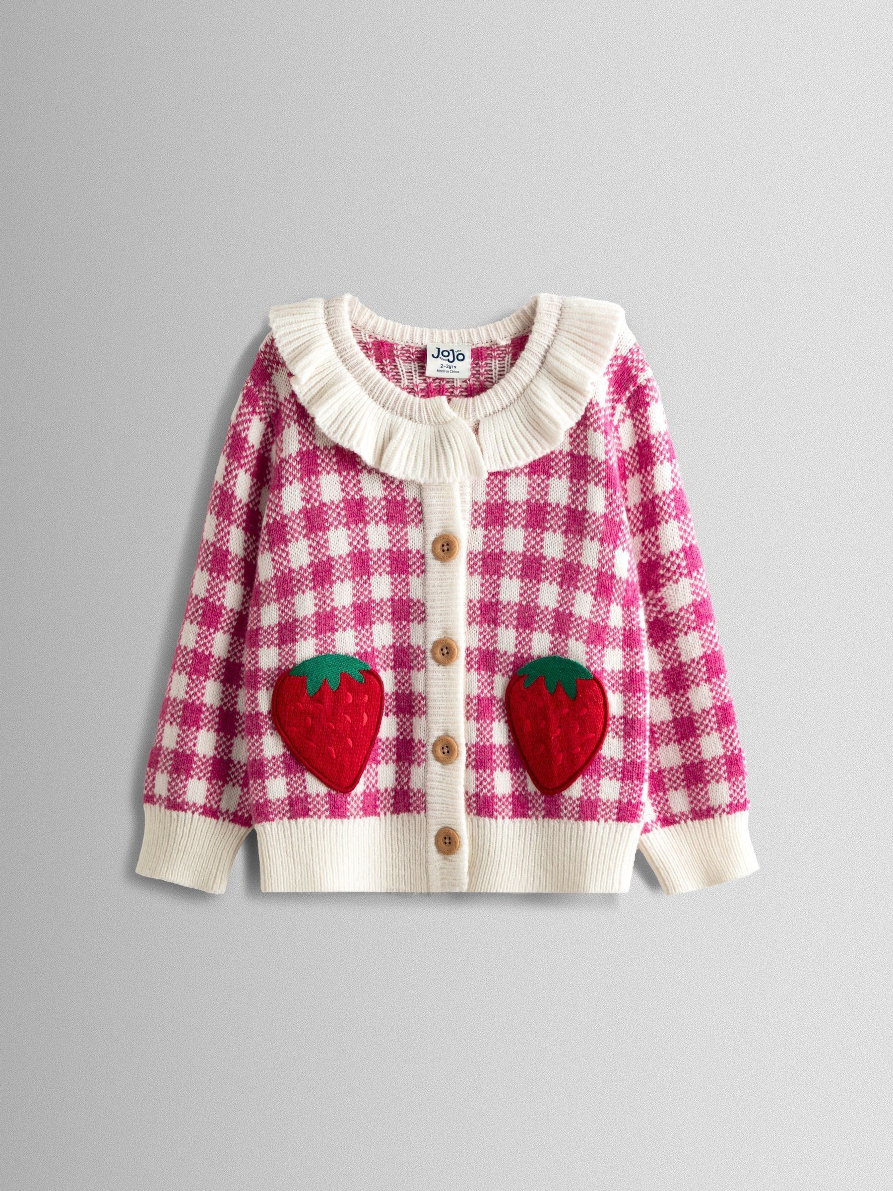 Pink Strawberry Gingham Frill-Neck Appliqué Cardigan (F78900) | £30 - £36