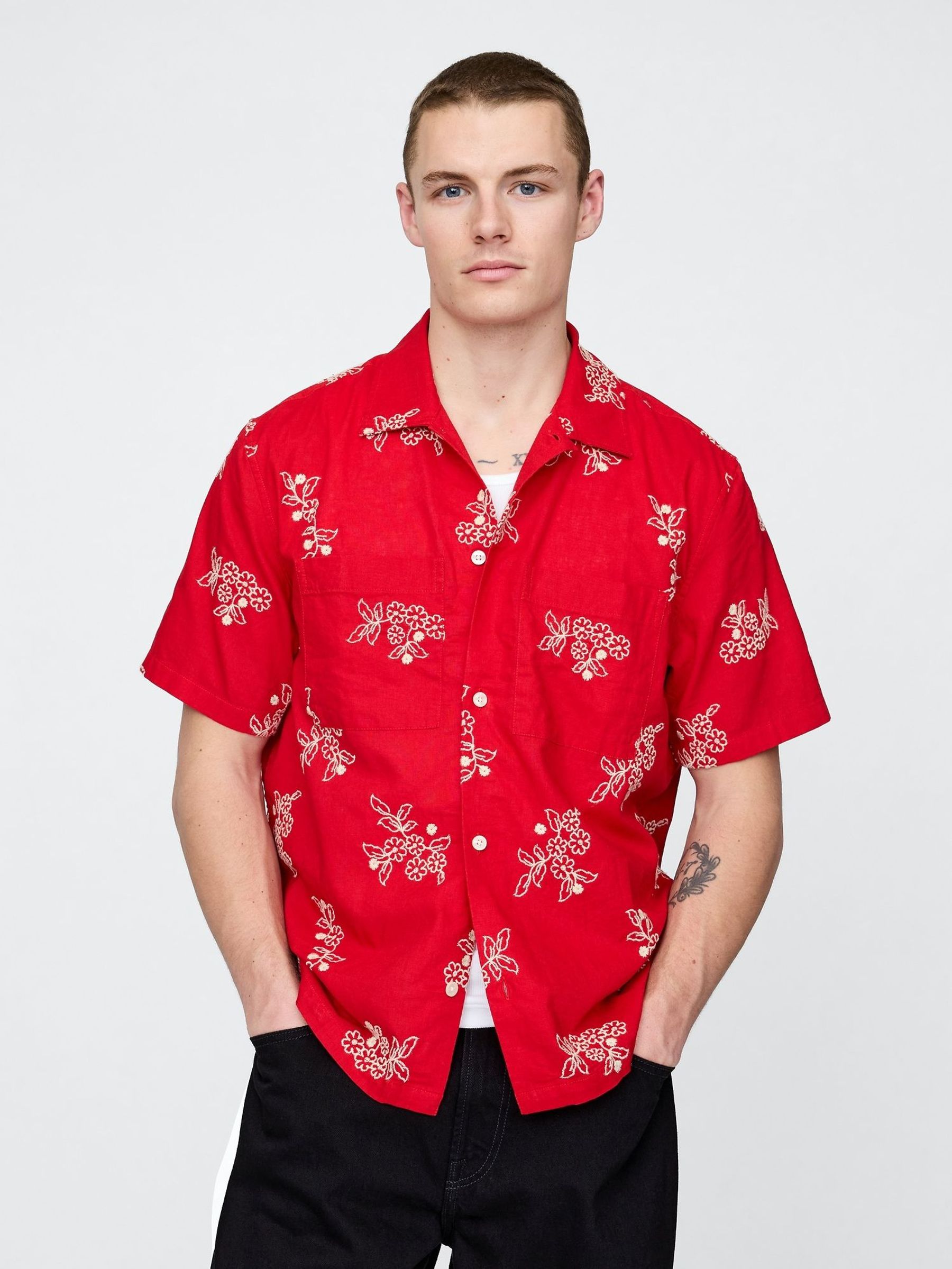 Red Floral Linen-Cotton Short Sleeve Shirt (F79364) | £50