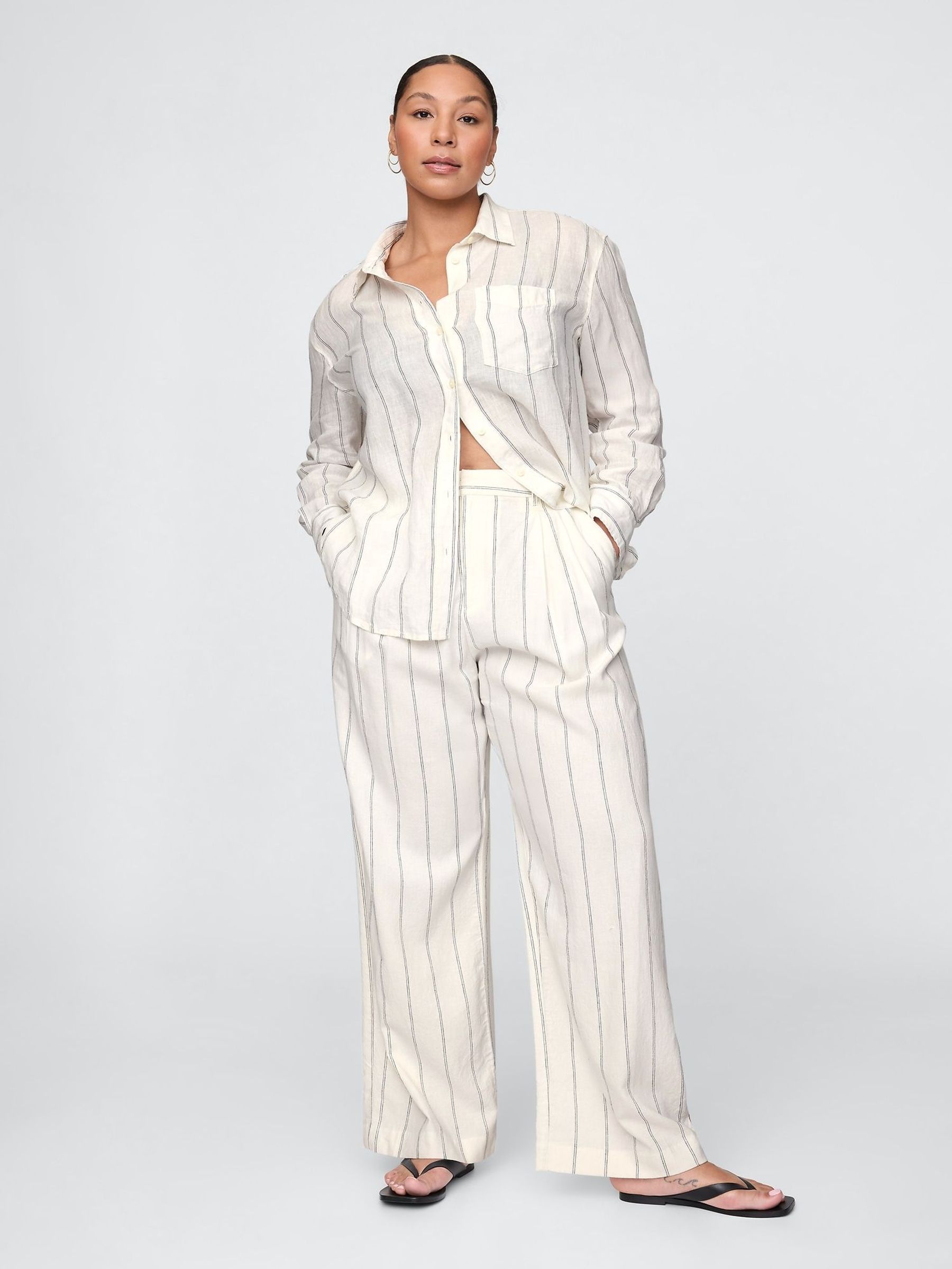 Cream Stripe Wide Leg Heavyweight Linen-Blend Trousers (F79489) | £60