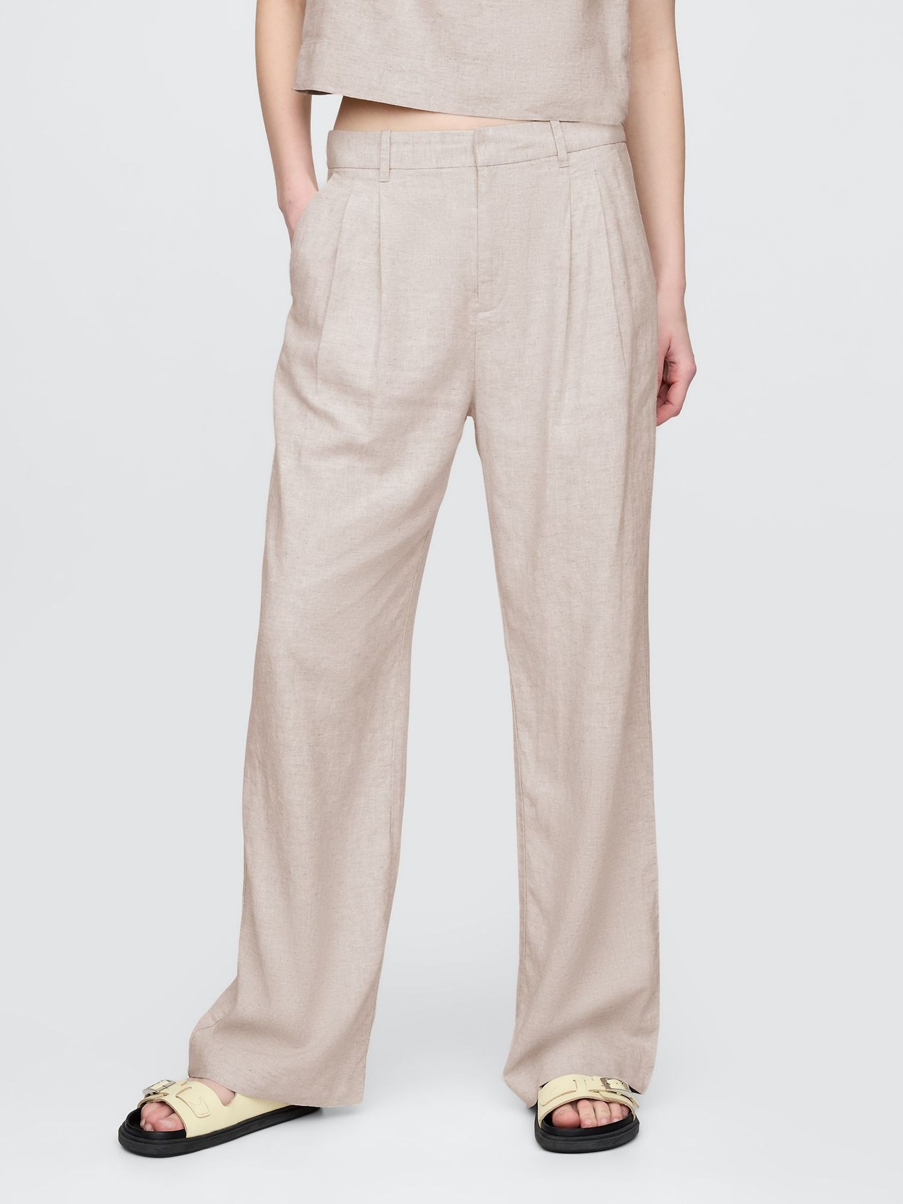 Beige Wide Leg Heavyweight Linen-Blend Trousers (F79491) | £60